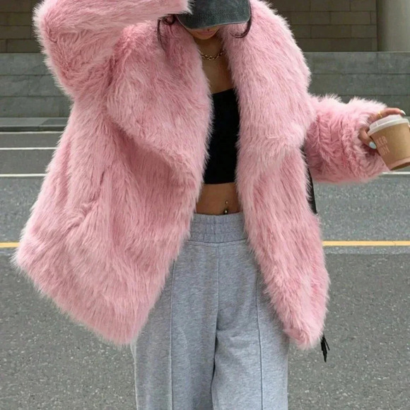 Pink Casual Women's Faux Fur Long Sleeve Jacket - Picture 4 of 4